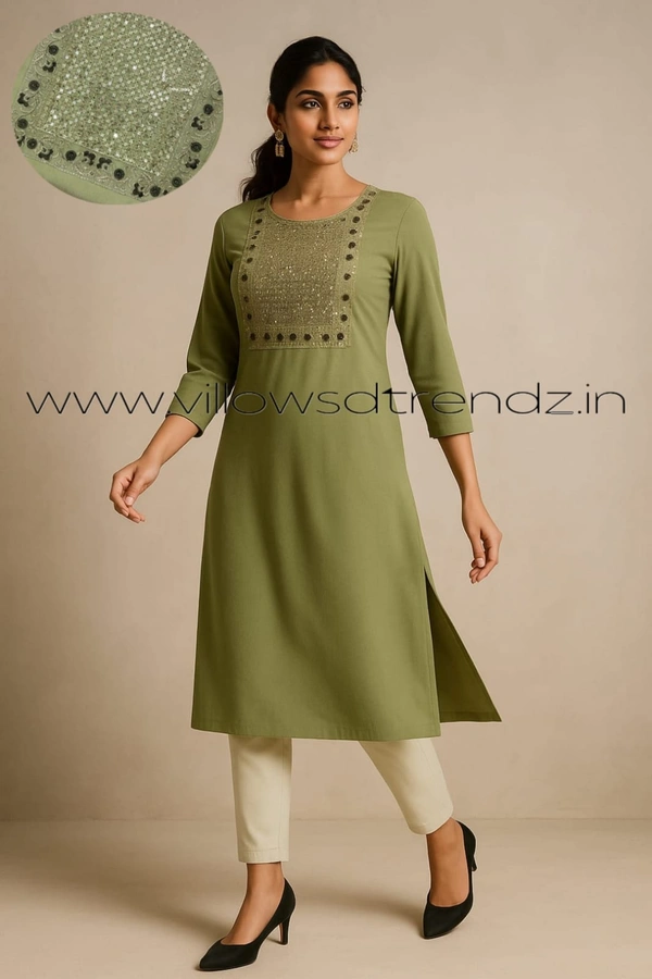 Twill Blue Vichitra Silk Kurti With Yoke Embrodiery GK31003 - Green, M