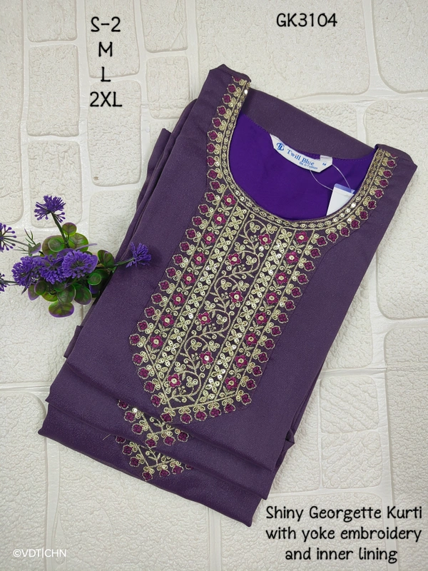 Twill Blue Vichitra Silk Kurti With Yoke Embrodiery GK31004 - 2XL, Blue