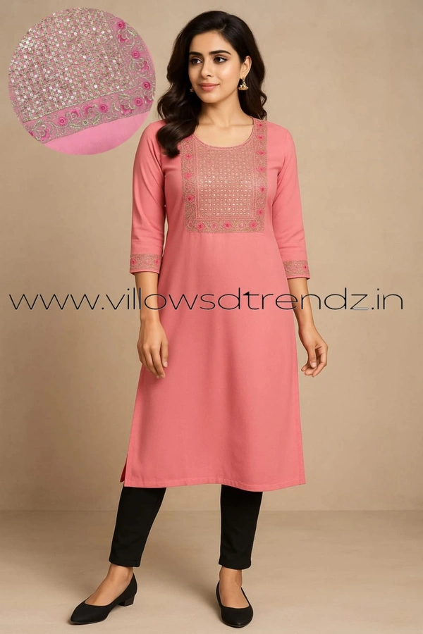 Twill Blue Vichitra Silk Kurti With Yoke Embrodiery GK31006 - Pink, L