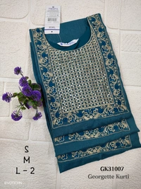 Twill Blue Vichitra Silk Kurti With Yoke Embrodiery GK31007 - Peacock Blue, L