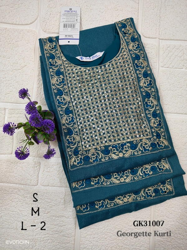 Twill Blue Vichitra Silk Kurti With Yoke Embrodiery GK31007 - S, Peacock Blue