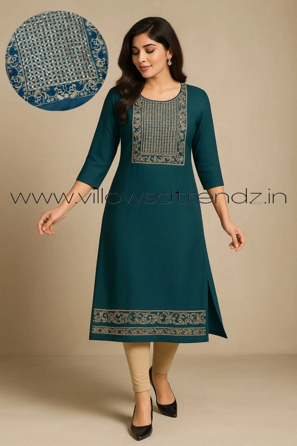 Twill Blue Vichitra Silk Kurti With Yoke Embrodiery GK31007 - Peacock Blue, L