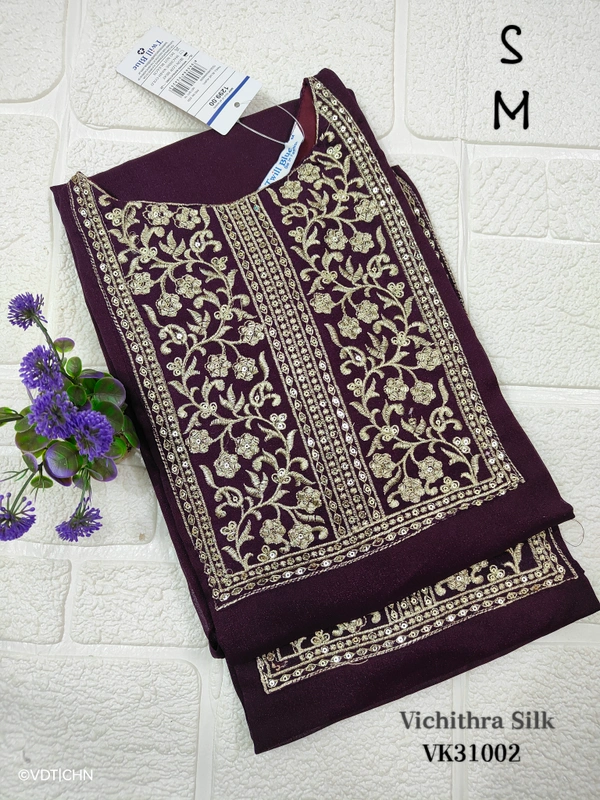 Twill Blue Vichitra Silk Kurti With Yoke Embrodiery VK31002 - S, Violet