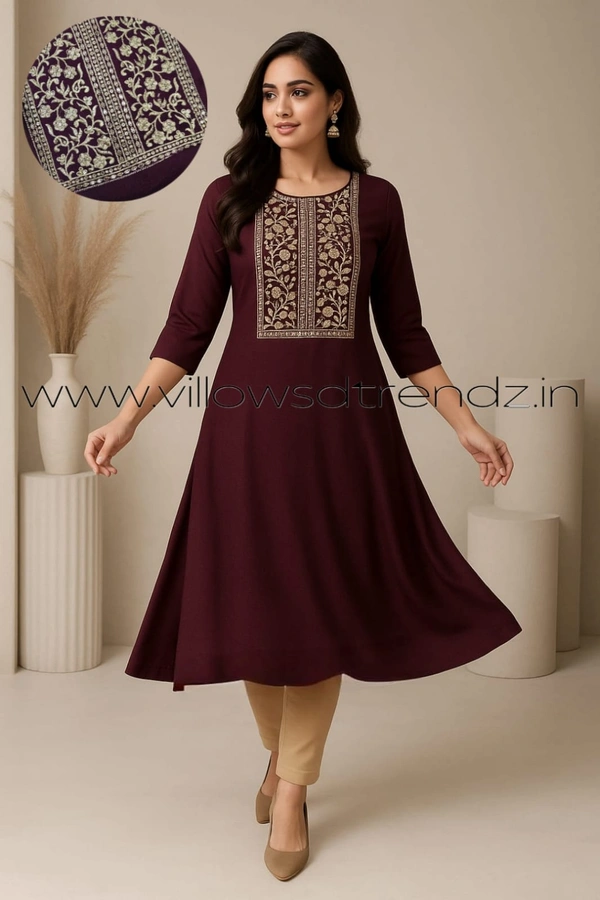 Twill Blue Vichitra Silk Kurti With Yoke Embrodiery VK31002 - Violet, M