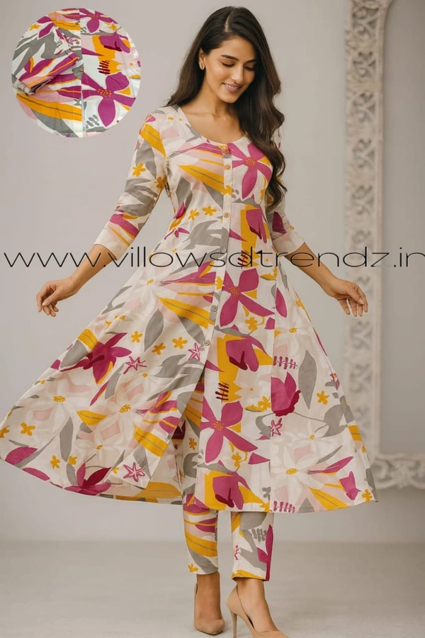 Twill Blue Women's Cotton Cord set | Half White With Florel | CS410058 - 2XL, Half White With Florel