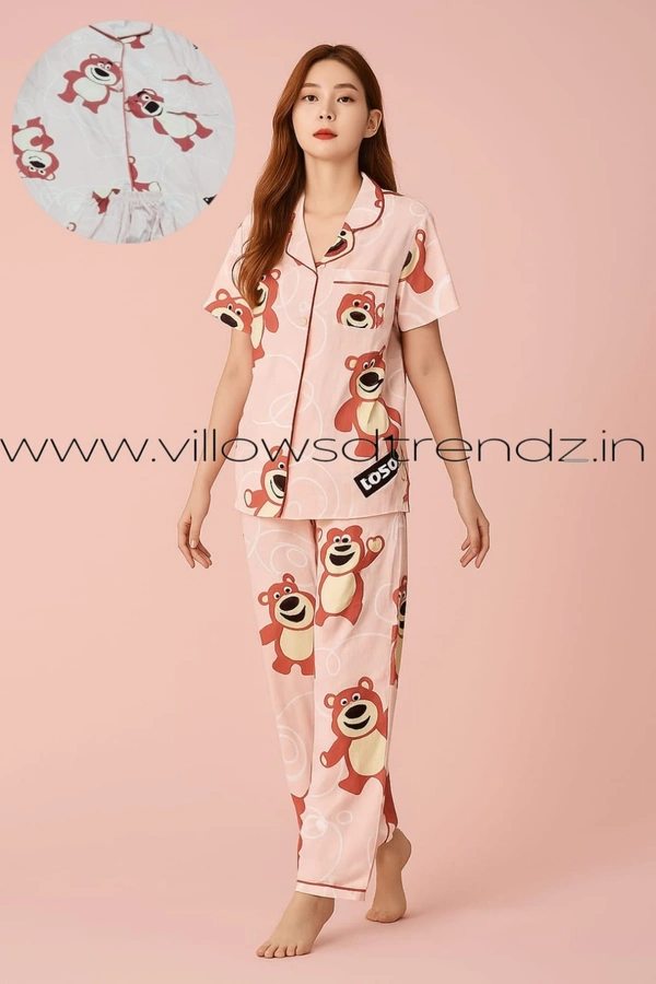 Smurf Finds Women's Cotton Korean Pajama Set| Pyjama Sleepwear| Shirt with Pant| Pink| K2PY359007 - XL, Pink