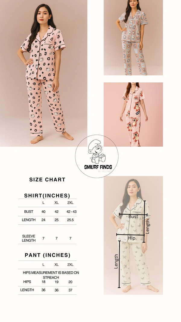Smurf Finds Women's Cotton Korean Pajama Set| Pyjama Sleepwear| Shirt with Pant| Cream| K2PY359003 - XL, Cream