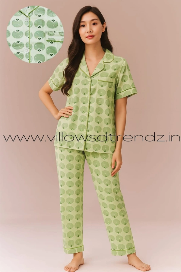 Smurf Finds Women's Cotton Korean Pajama Set| Pyjama Sleepwear| Shirt with Pant| Green| K2PY359002 - XL, Green