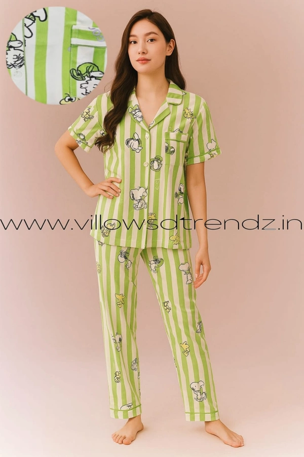Smurf Finds Women's Cotton Korean Pajama Set| Pyjama Sleepwear| Shirt with Pant| Green| K2PY359004 - L, Green