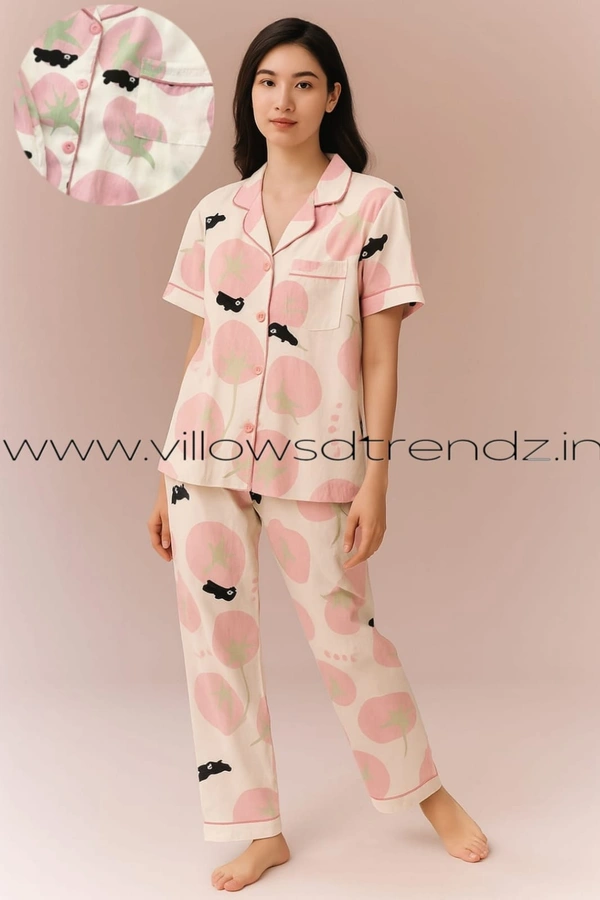 Smurf Finds Women's Cotton Korean Pajama Set| Pyjama Sleepwear| Shirt with Pant| Cream| K2PY359003 - XL, Cream