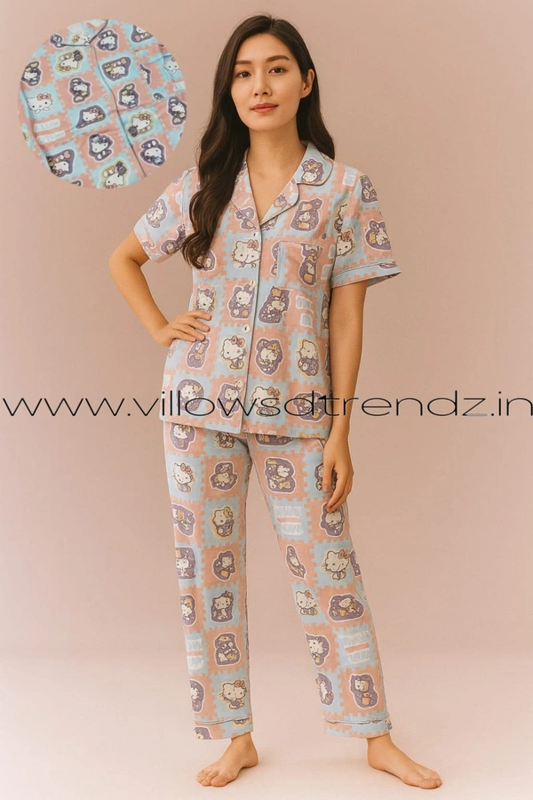 Smurf Finds Women's Cotton Korean Pajama Set| Pyjama Sleepwear| Shirt with Pant| Pink| K2PY359005 - L, Pink