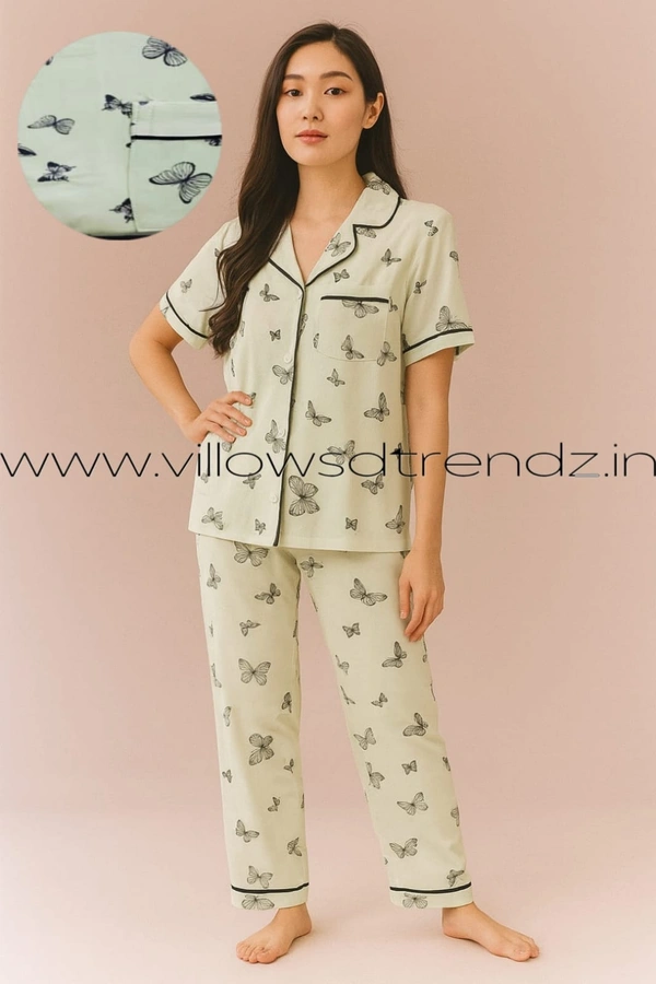 Smurf Finds Women's Cotton Korean Pajama Set| Pyjama Sleepwear| Shirt with Pant| Green| K2PY359006 - L, Green
