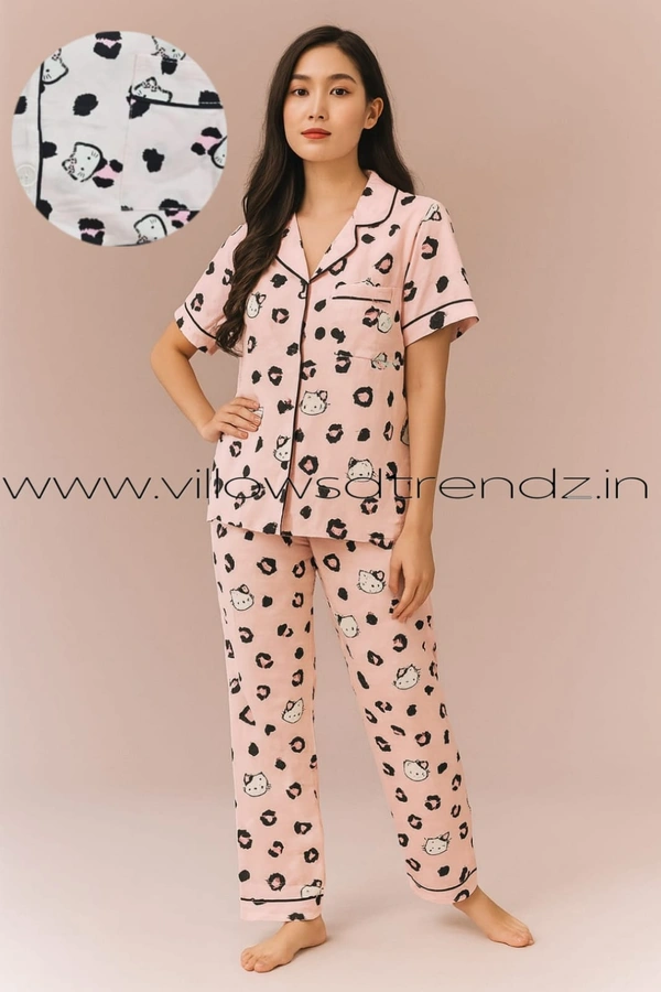 Smurf Finds Women's Cotton Korean Pajama Set| Pyjama Sleepwear| Shirt with Pant| Pink| K2PY359001 - XL, Pink