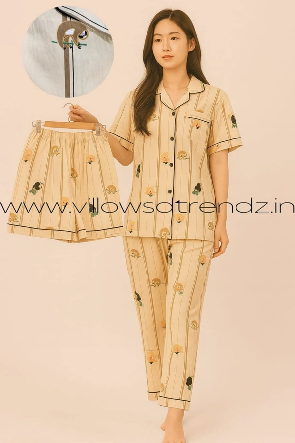 Smurf Finds Women's Cotton Korean Pajama Set| Pyjama Sleepwear| Shirt with Pant and shorts (3pc set)| Yellow| K3PY414003 - L, Yellow