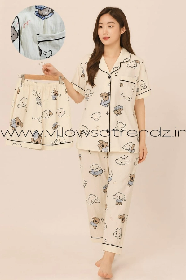 Smurf Finds Women's Cotton Korean Pajama Set| Pyjama Sleepwear| Shirt with Pant and shorts (3pc set)| Cream| K3PY414007 - L, Cream