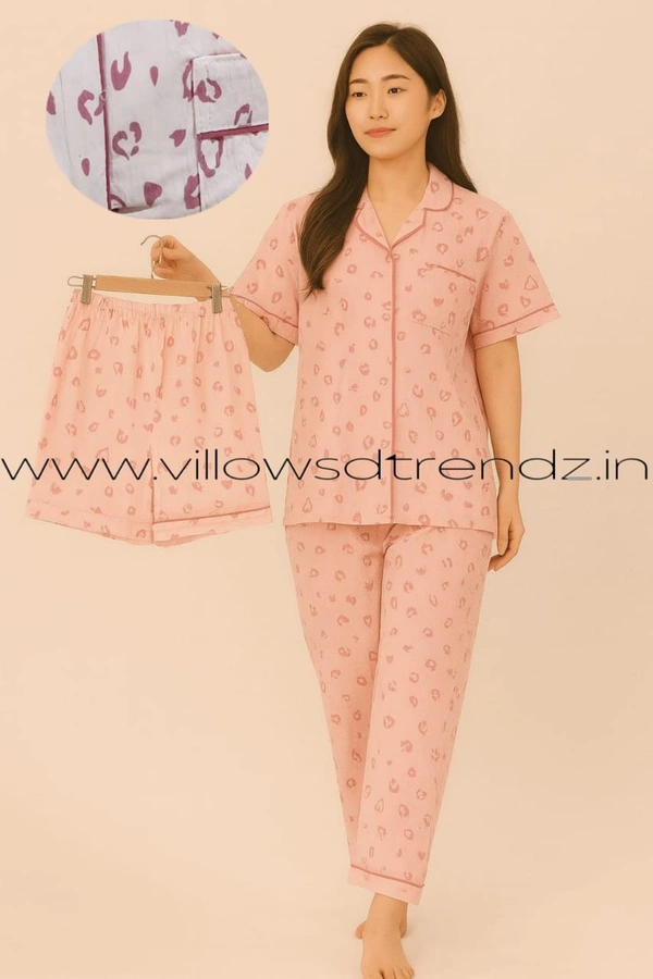 Smurf Finds Women's Cotton Korean Pajama Set| Pyjama Sleepwear| Shirt with Pant and shorts (3pc set)|Pink| K3PY414001 - L, Pink