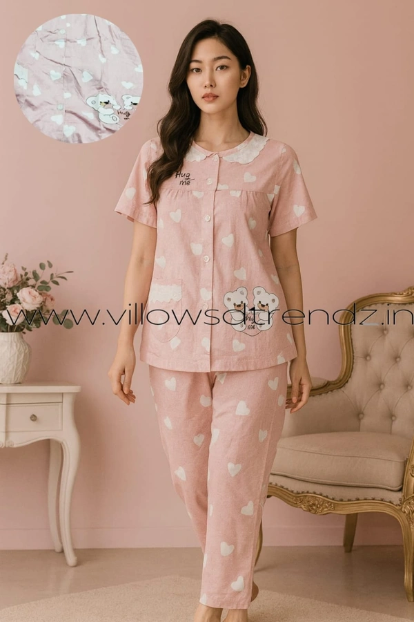 Twill Blue Women's Cotton Korean Pajama Set| Pyjama Sleepwear| Shirt with Pant| Pink | KPS455007 - 3XL, Pink