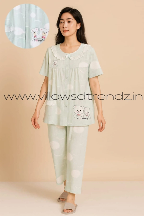Twill Blue Women's Cotton Korean Pajama Set| Pyjama Sleepwear| Shirt with Pant| Light Green| KPS455005 - 3XL, Light green