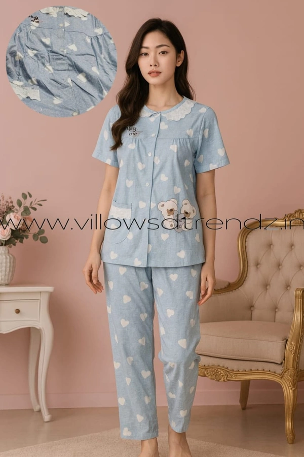 Twill Blue Women's Cotton Korean Pajama Set| Pyjama Sleepwear| Shirt with Pant|  Sky blue | KPS455008 - 3XL, Sky blue