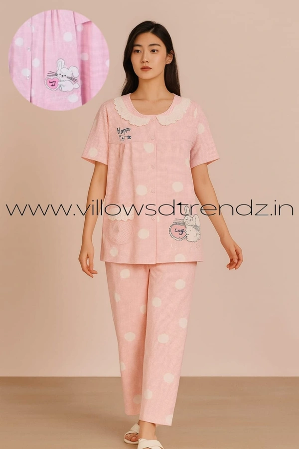 Twill Blue Women's Cotton Korean Pajama Set| Pyjama Sleepwear| Shirt with Pant| Pink | KPS455003 - 3XL, Pink
