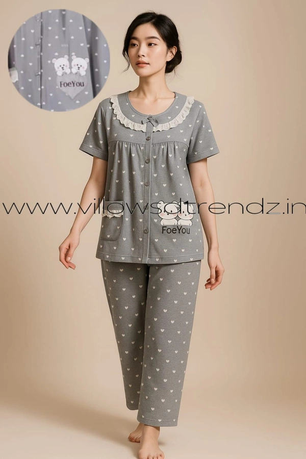 Twill Blue Women's Cotton Korean Pajama Set| Pyjama Sleepwear| Shirt with Pant|  Ash| KPS455001 - 3XL, Ash