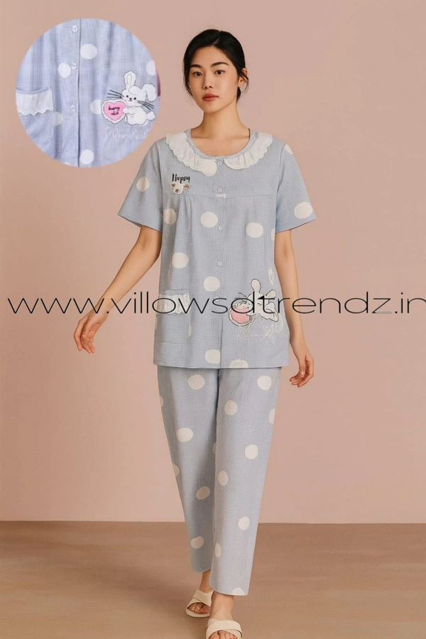 Twill Blue Women's Cotton Korean Pajama Set| Pyjama Sleepwear| Shirt with Pant| Sky blue | KPS455004 - 2XL, Sky blue