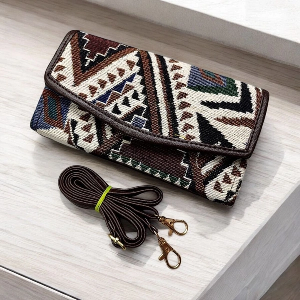 The Little Paw Jacquard Foldable Pocket Wallet Cum Sling For Women ( Green Tribal ) - 7*4 Inches, Japanese Laurel