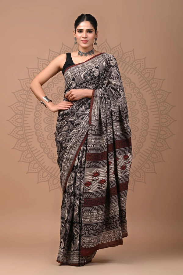 Baruni Handblock Printed Mul Cotton Saree (MYU15) - 6.5 Meters