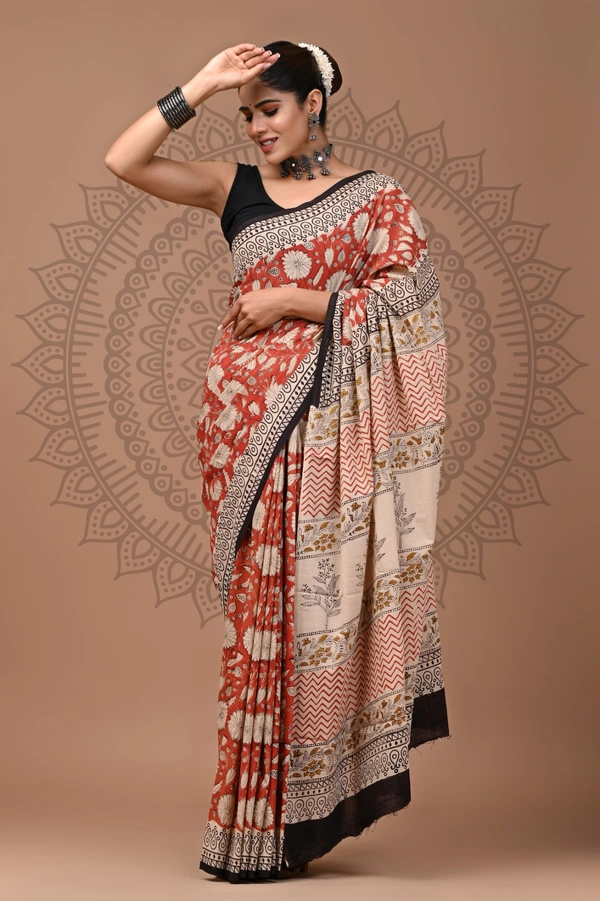 Handblock Printed Mul Cotton Saree (BUR78)