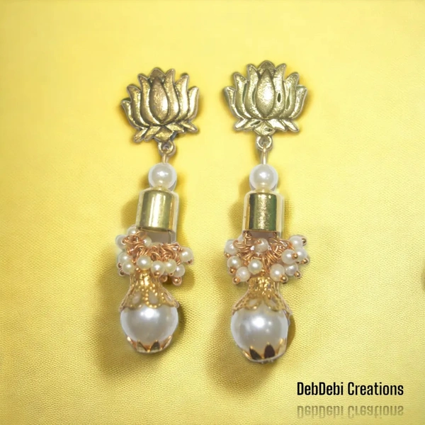 DebDebi Traditional Pearl With Lotus Oxidised Earrings - Gold