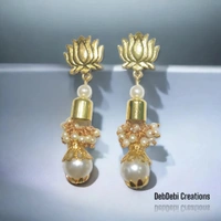DebDebi Traditional Pearl With Lotus Oxidised Earrings - Gold