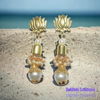 DebDebi Traditional Pearl With Lotus Oxidised Earrings - Gold
