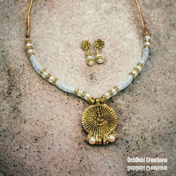 DebDebi Traditional Pearl And Oxidised Ganesha Necklace With Lotus And Pearl Earring - Gold