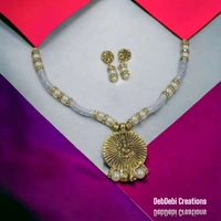 DebDebi Traditional Pearl And Oxidised Ganesha Necklace With Lotus And Pearl Earring - Gold