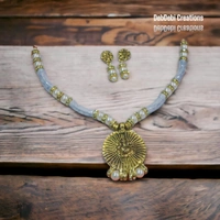 DebDebi Traditional Pearl And Oxidised Ganesha Necklace With Lotus And Pearl Earring - Gold