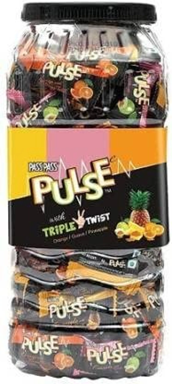 Pass Pass Pulse Kachcha Aam, Litchi,Orange Guava Pineapple Triple Twist Candy Jar 