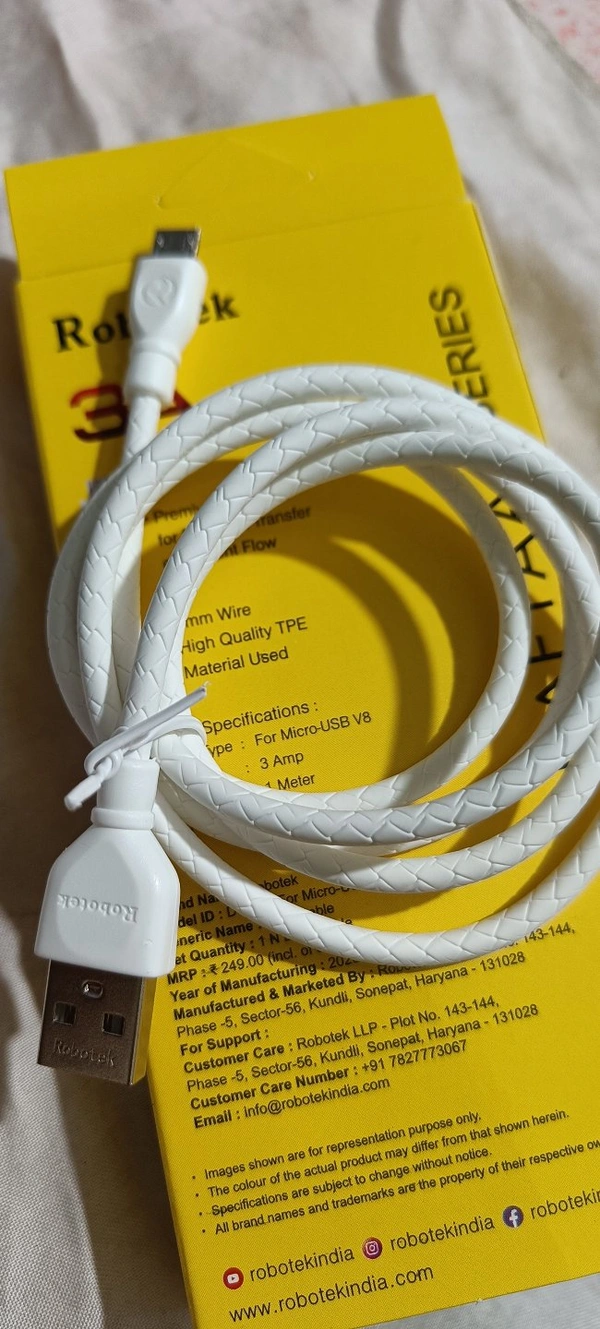 Robotak DC-108 USB V8 Fast Cable 3Amp 3manth Warranty  - White