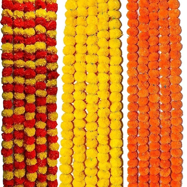 Rshopway Plastic Artificial Marigold Mala (Multicolor)| Flowers String for Indian Weddings, Party Backdrops, Home and Wall Decor, Diwali Festival Pooja House Warming Material(Pack of 10)