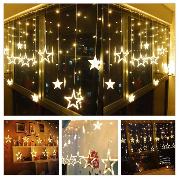 12 Stars 138 Led Curtain String Lights Window Curtain Lights with 8 Flashing Modes Decoration for Christmas, Wedding, Party, Home, Patio Lawn Warm White (138 Led-Star, Copper, Pack of 1) - Jhalar