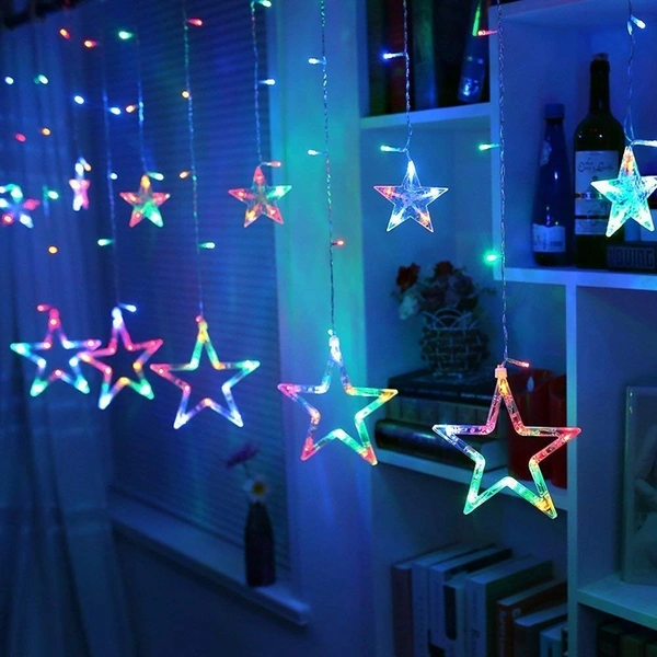 12 Stars Curtain String Lights, Window Curtain Lights with 8 Flashing Modes Decoration for Diwali, Christmas, Wedding, Party, Home, Patio Lawn - Multicolor - Jhalar