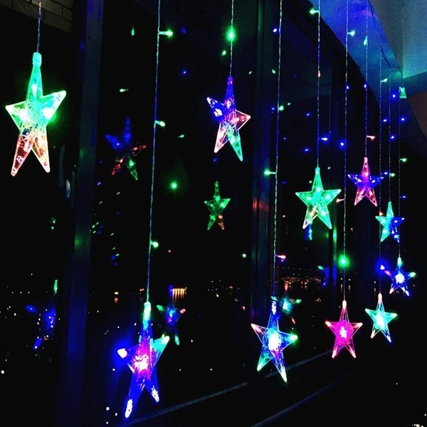 12 Stars Curtain String Lights, Window Curtain Lights with 8 Flashing Modes Decoration for Diwali, Christmas, Wedding, Party, Home, Patio Lawn - Multicolor - Jhalar
