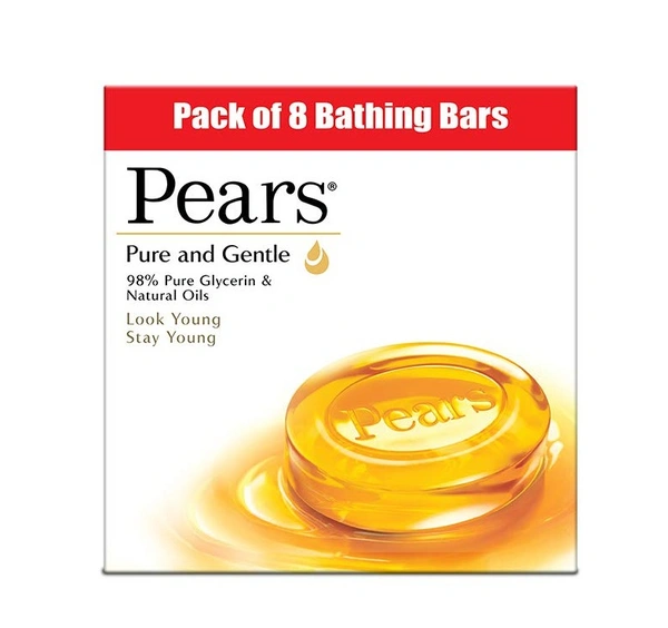 Pears Pure & Gentle Soap Bar (Combo Pack of 8) - With Glycerin for Soft, Glowing Skin & Body, Paraben-Free Body Soaps For Bath Ideal for Men & Women
