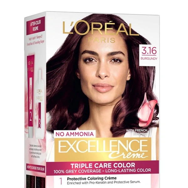 L'Oréal Paris Permanent Hair Colour, Radiant At-Home Hair Colour with up to 100% Grey Coverage, Pro-Keratin, Up to 8 Weeks of Colour, Excellence Crème, 3.16 Burgundy, 72ml+100g