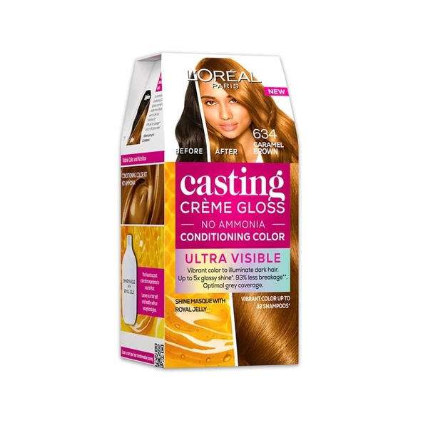 L'Oreal Paris Casting Creme Gloss Ultra Visible Hair Color, With No Ammonia, Caramel Brown 634, 100g + 60ml