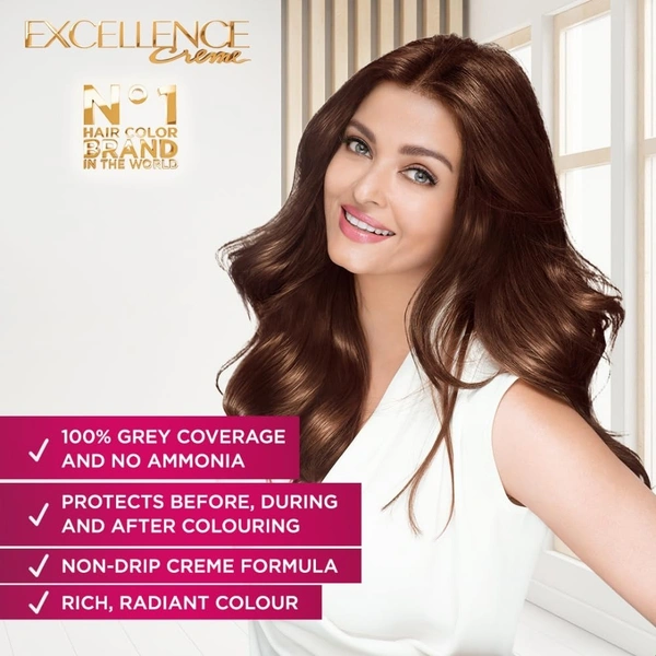 L'Oreal Paris Permanent Hair Colour, Radiant At-Home Hair Colour with up to 100% Grey Coverage, Pro-Keratin, Up to 8 Weeks of Colour, Excellence Crème, 4.25 Aishwarya'S Brown, 72ml+100g