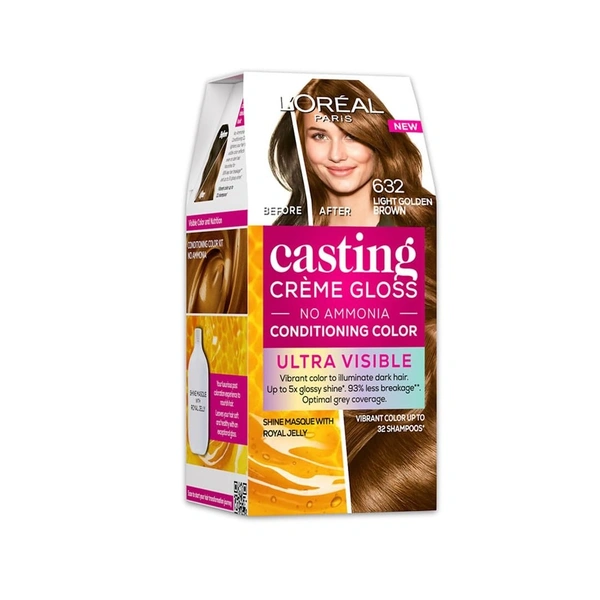 L’Oréal Paris Casting Creme Gloss Ultra Visible Hair Color With No Ammonia | Light Golden Brown 632, 100G + 60Ml | Permanent Hair Color | L’Oréal Paris