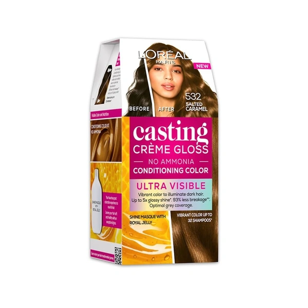 L'Oreal Paris Semi-Permanent Hair Colour, Ammonia-Free Formula & Honey-Infused Conditioner, Glossy Finish, Casting Crème Gloss, 532 Salted Carmel, 87.5g+72ml