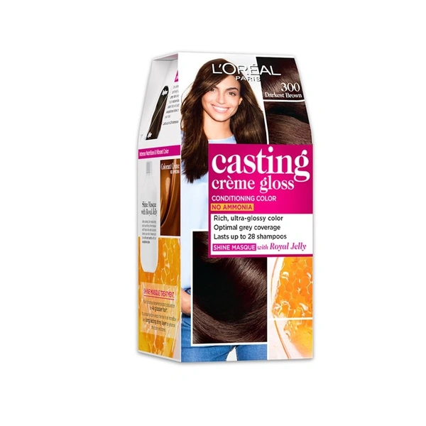 L'Oréal Paris Semi-Permanent Hair Colour, Ammonia-Free Formula & Honey-Infused Conditioner, Glossy Finish, Casting Crème Gloss, Darkest Brown 300, 87.5g+72ml
