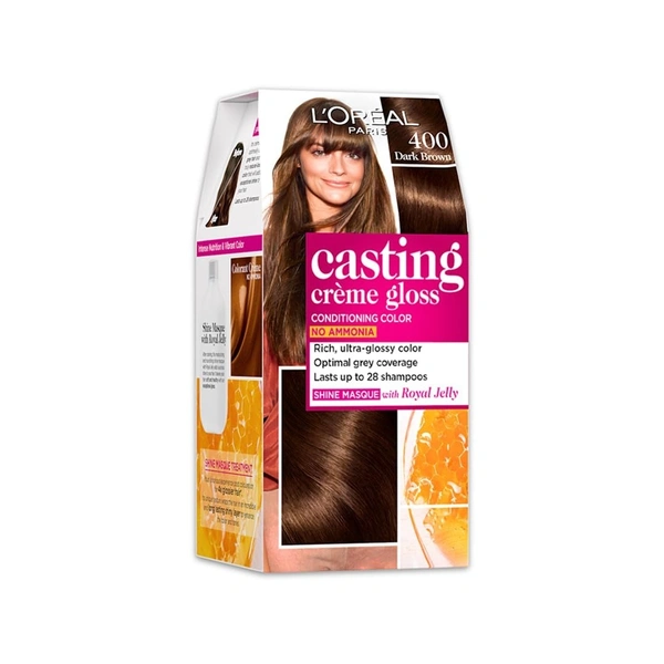 L'Oréal Paris Semi-Permanent Hair Colour, Ammonia-Free Formula & Honey-Infused Conditioner, Glossy Finish, Casting Crème Gloss, Dark Brown 400, 87.5g+72ml