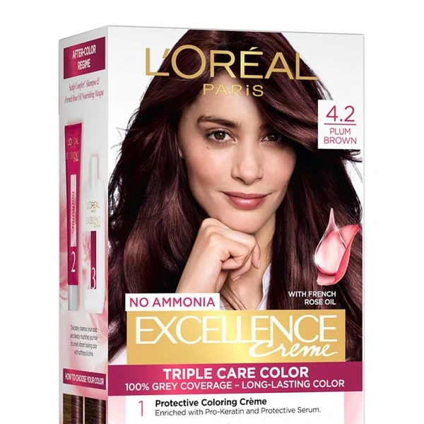  L'Oreal Paris Hair Colour, Radiant At-Home Hair Colour with up to 100% Grey Coverage, Excellence Creme, 4.2 Plum Brown, 72ml+100g